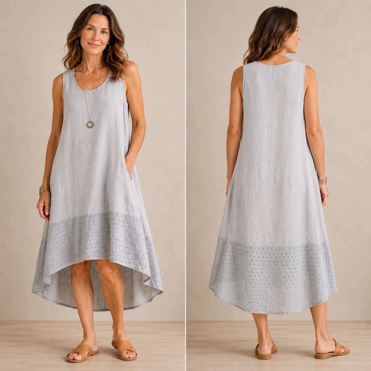 Terzo Millennio Pale Gray Linen Eyelet Hem Dress Womens M Made In Italy